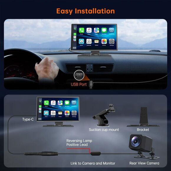 Wireless Carplay & Android Auto with 4K Dash Cam, 9 Inch Portable Apple Carplay - Picture 6 of 9